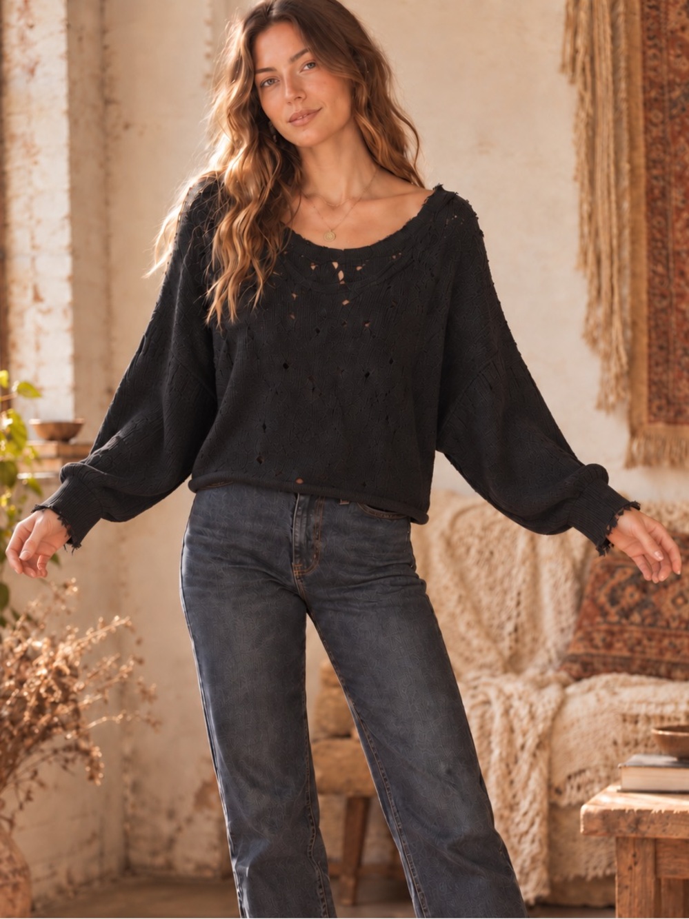 Free People Black Distressed Cable Knit Raw Edge Sweater Size Medium